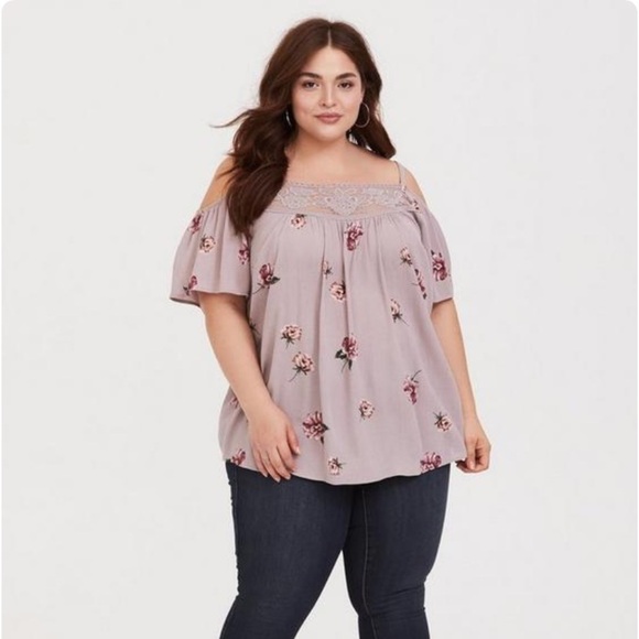 Torrid Cold Shoulder Top Light Purple Floral Plus Size 1 Gauze Lace Embroidered - Picture 2 of 13